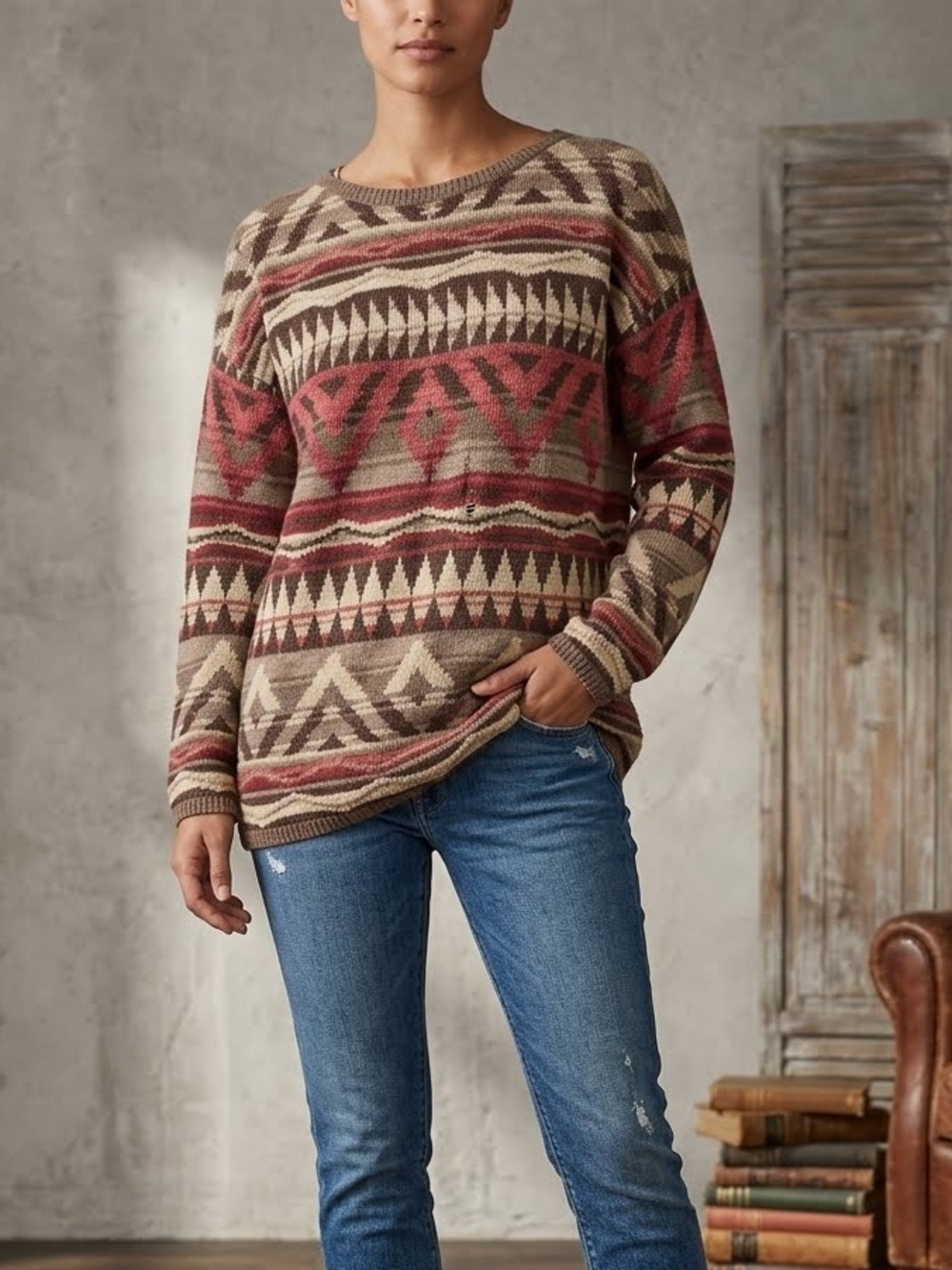 Denim & Supply M Ralph Lauren Aztec Crewneck Sweater in Red Brown tones